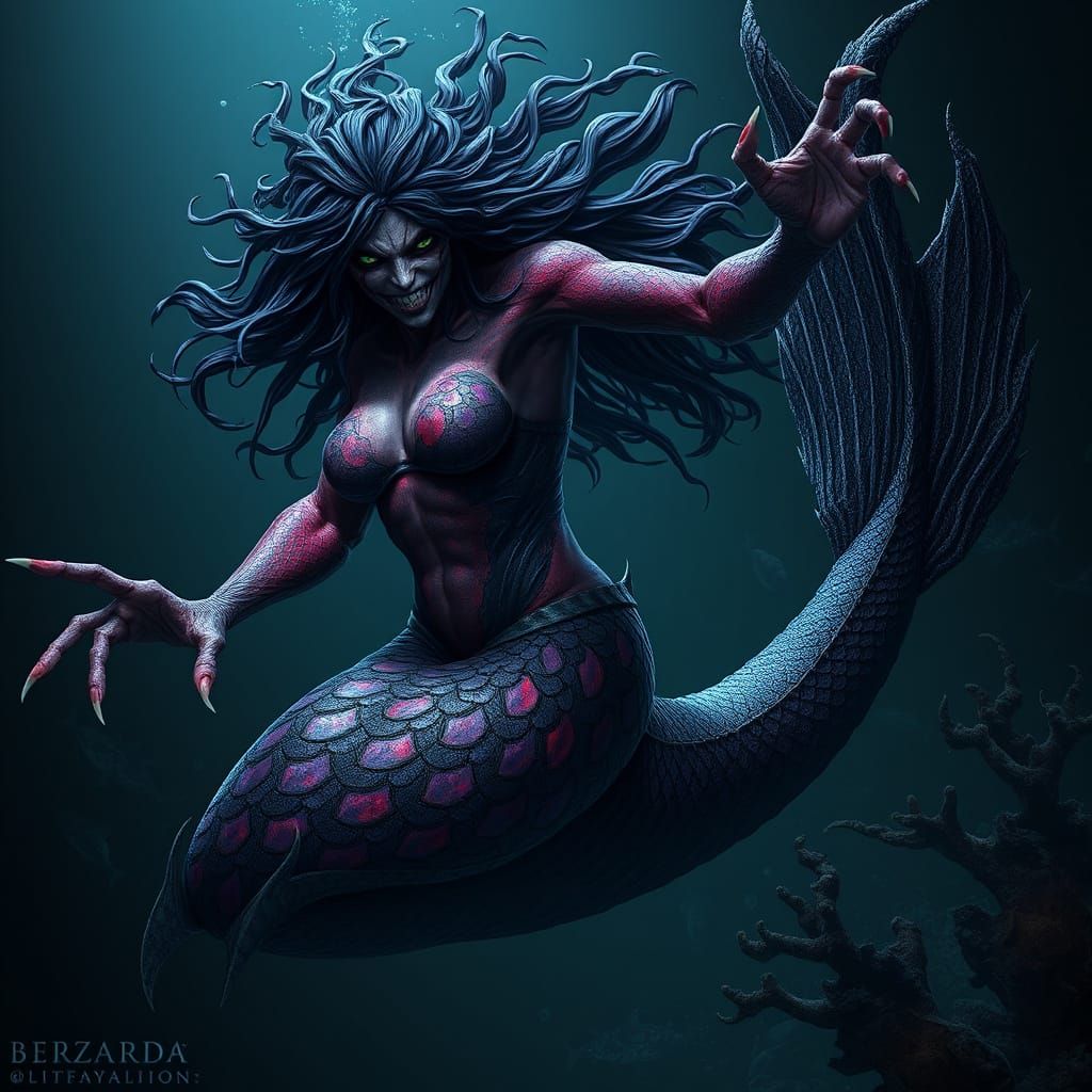 Corrupted Mermaid Hybrid with Dark Scales and Green Eyes