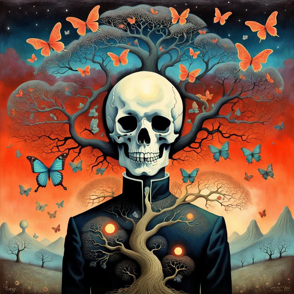 Surreal Skull-Faced Man with Moon Head