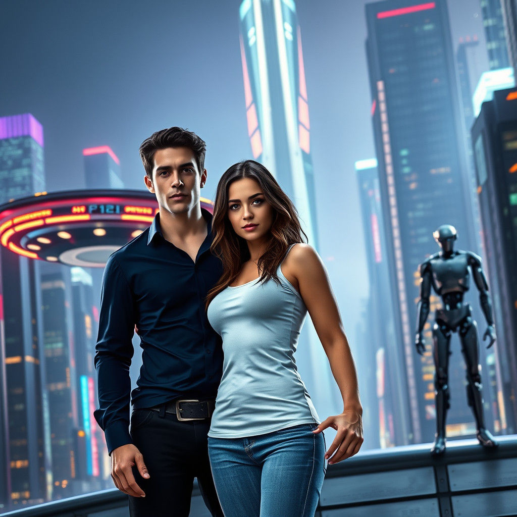 Futuristic Film Still: Man and Woman in Cityscape