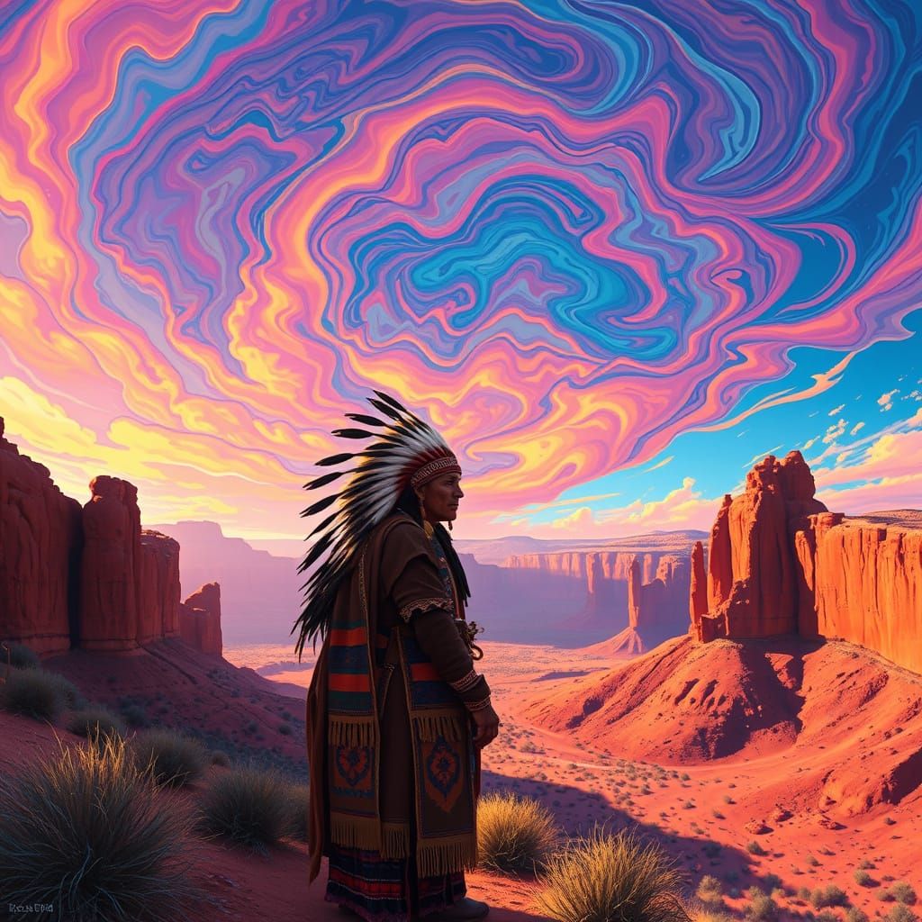Native American Tribe in Mesa Verde with Psychedelic Sky