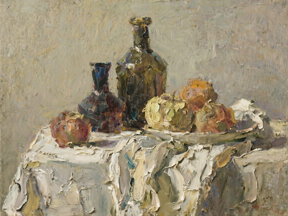 Still Life with Jars and Fruit in Impasto Oil