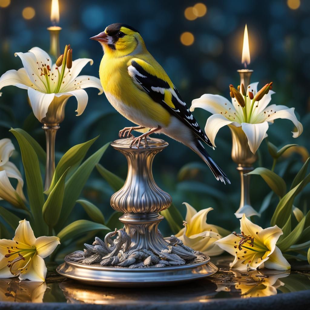 Hyperrealistic Goldfinch in Lush Night Garden