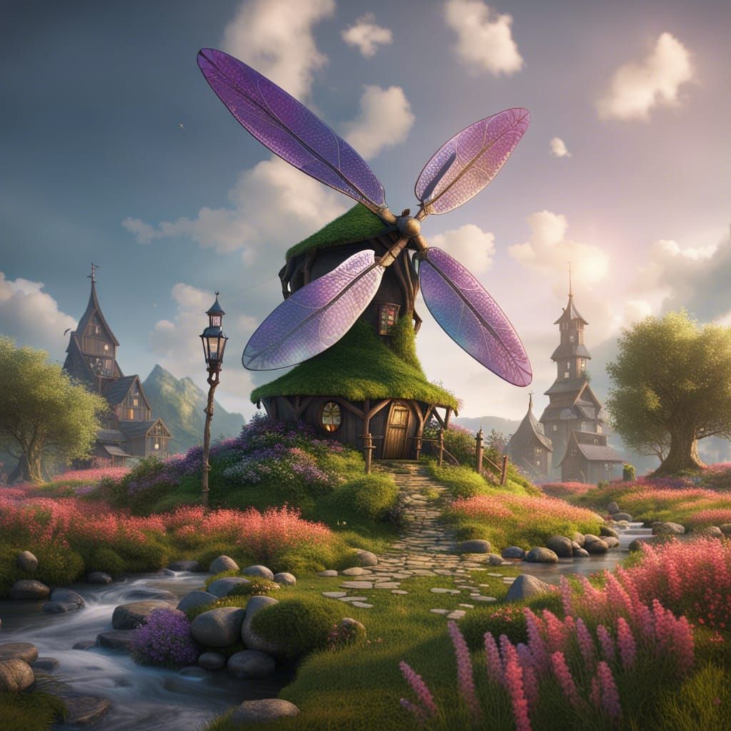 Dragonfly wing windmill in elven village