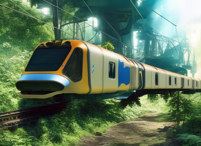 Post-Apocalyptic Monorail Cargo Train in Overgrown Forest