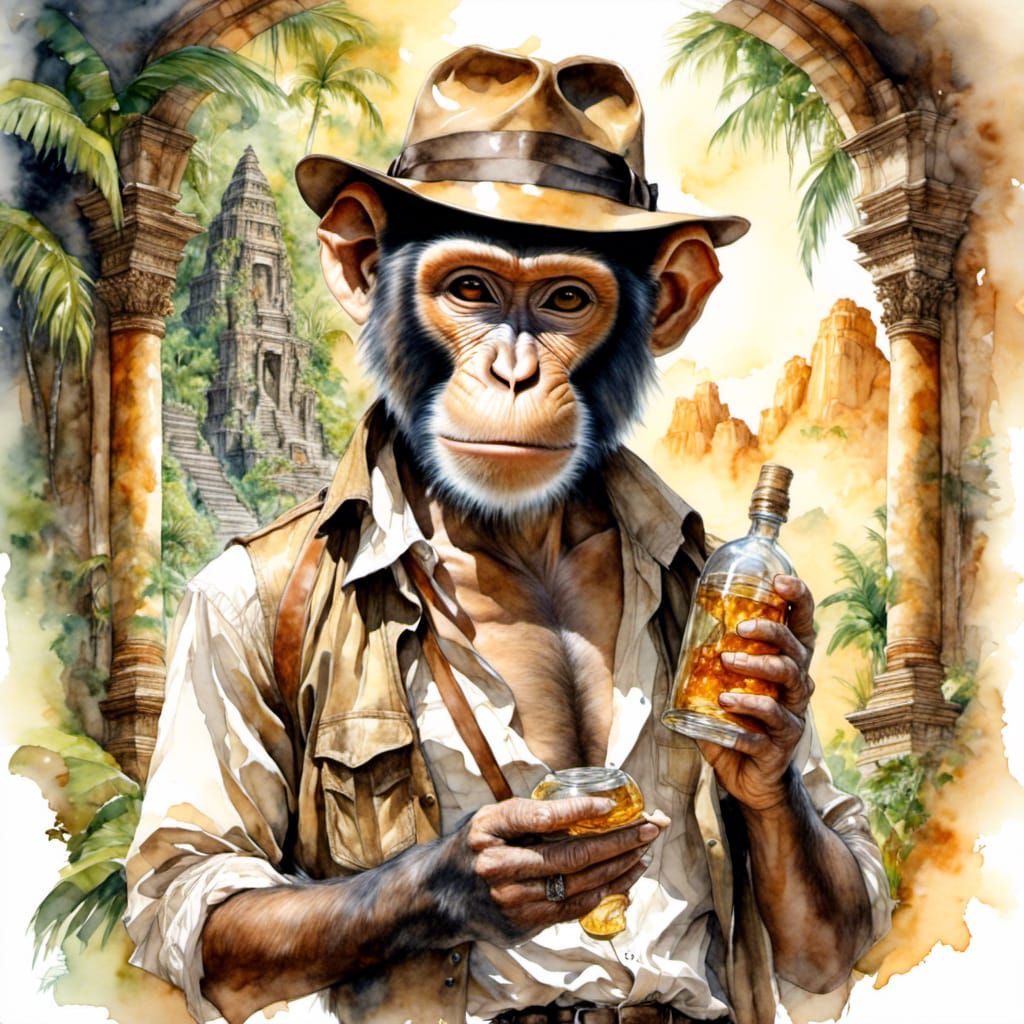 Monkey Indiana Jones Watercolor Painting in Jungle
