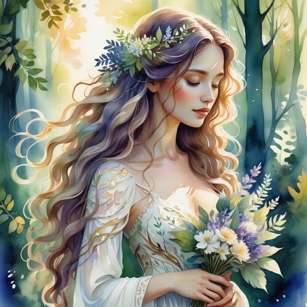 Serene Woman in Forest, Whimsical Watercolor Illustration