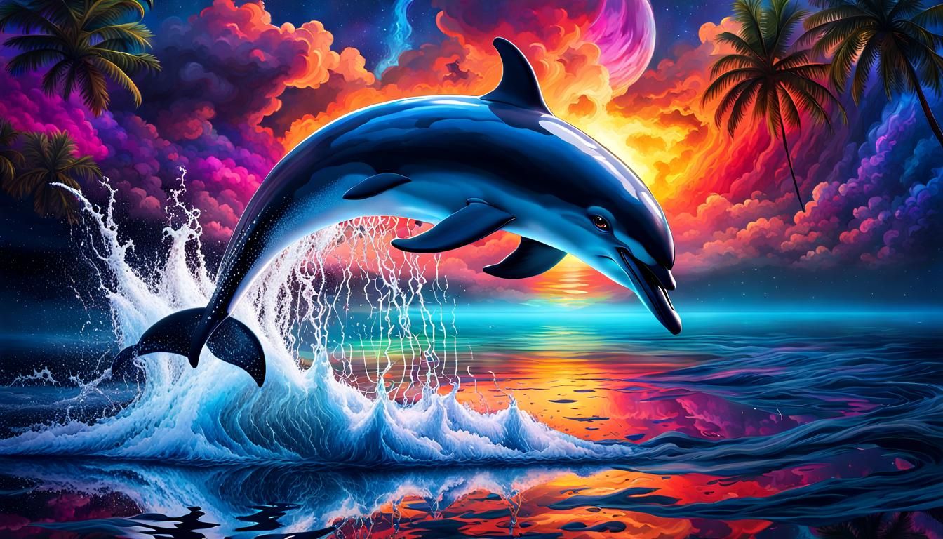 Dolphin Jump at Night in Splash Art Style