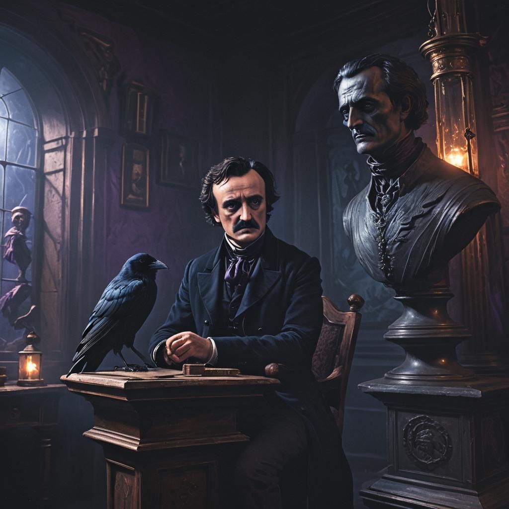 Eerie Encounter: Poe and the Raven in Dark Chamber