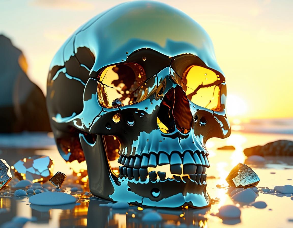 Skull on Glass Beach at Sunset: Anime Art
