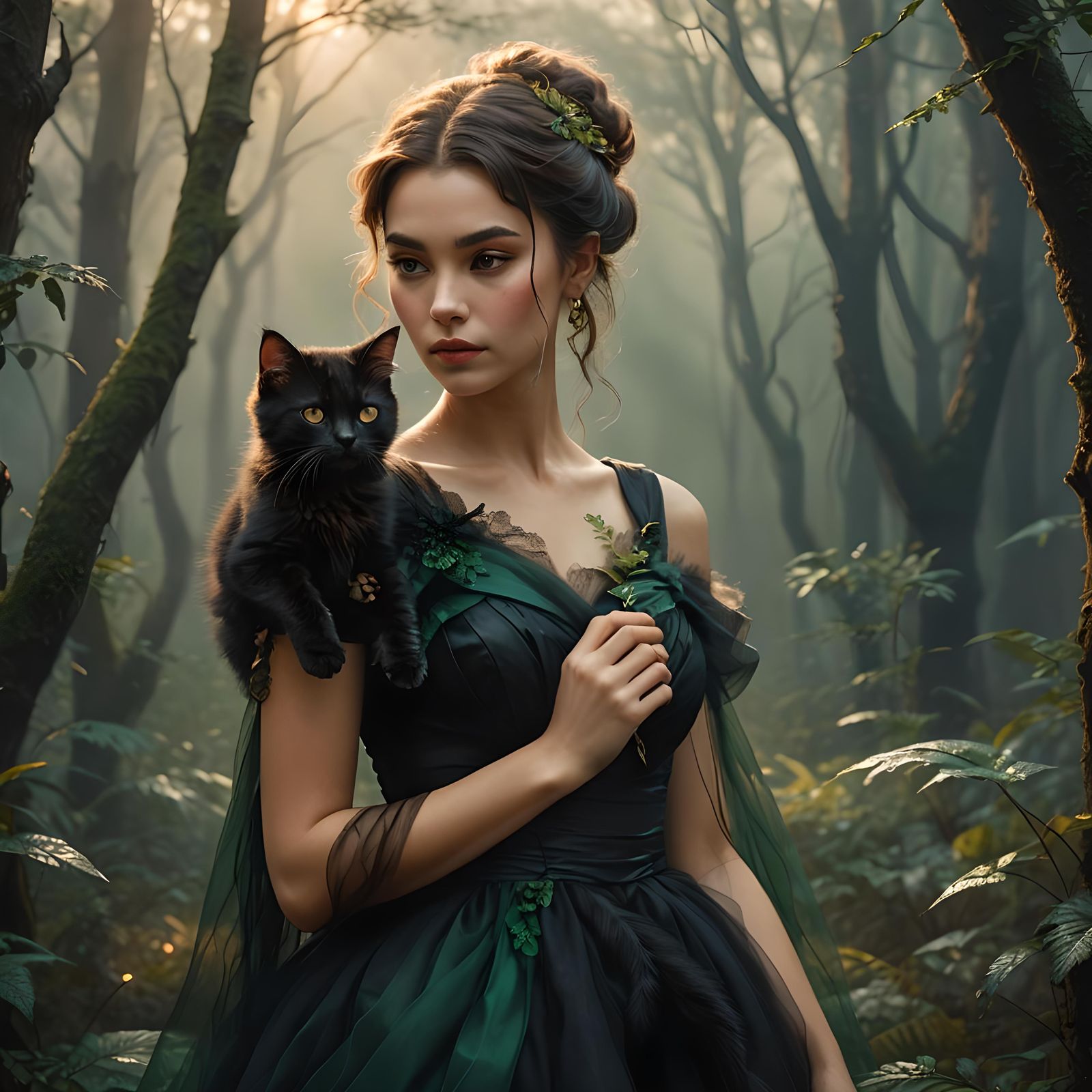 Girl with Kitten in Forest: Detailed Matte Painting