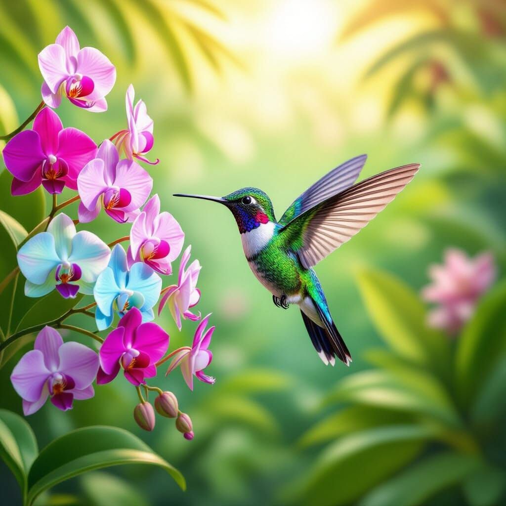 Iridescent Hummingbird in a Lush Orchid Garden
