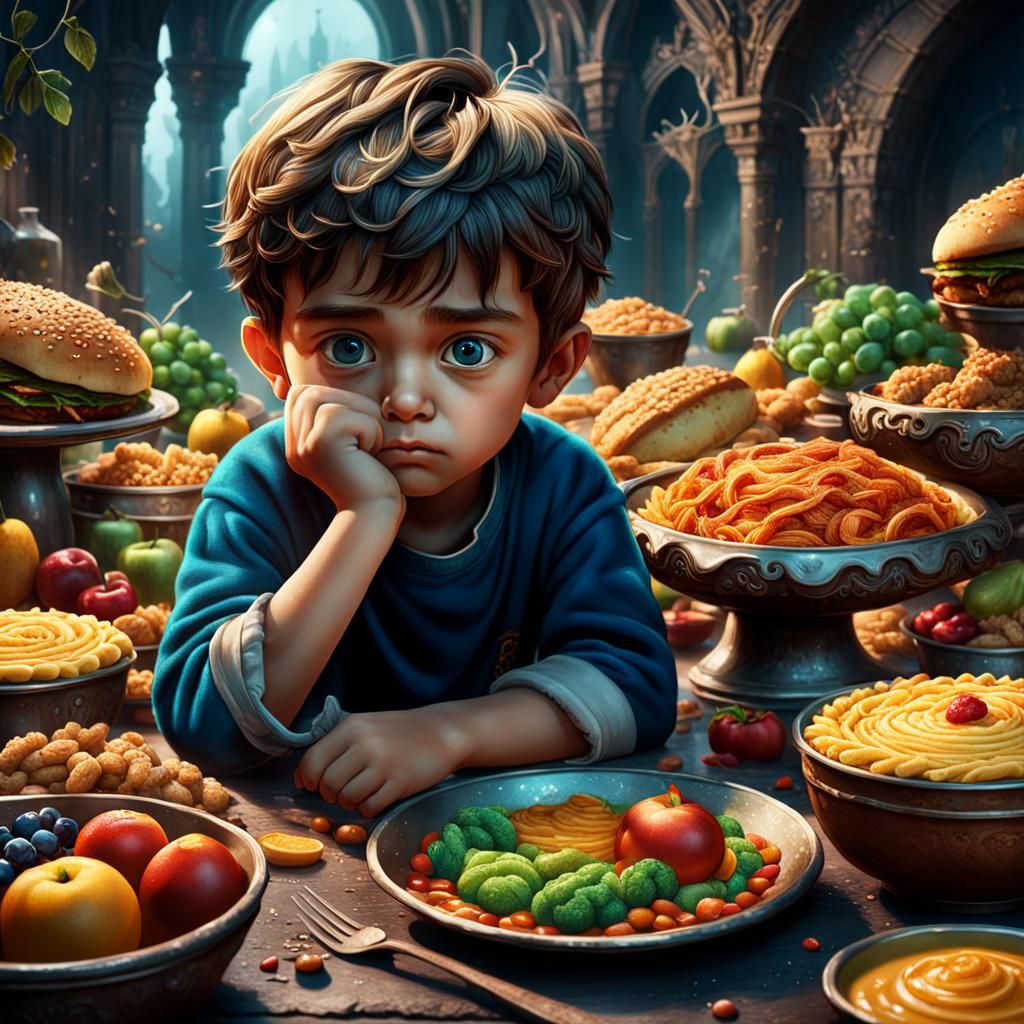 Child Sulking with Food: Detailed Matte Painting