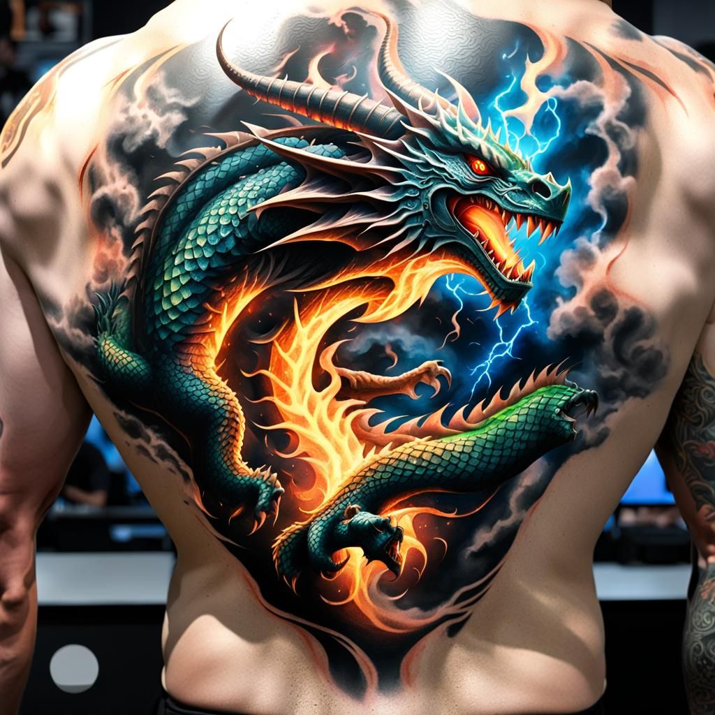 3D tattoo on wrestlers back of dragon ripping through  back breathing glowing plasma , GeForce RTX, 2TB NVMe M.2 SSD, 6T...