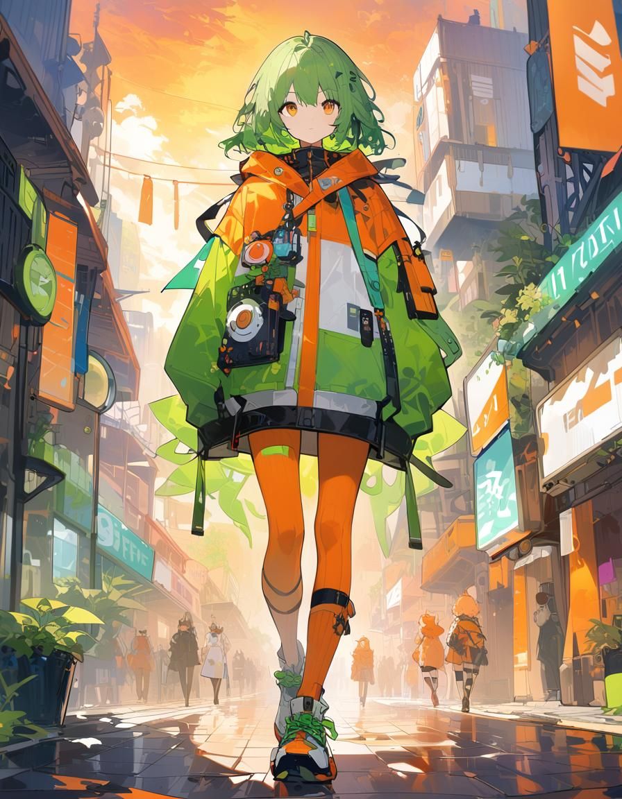 Retrofuturistic Girl Walking at Sunset in Vibrant City