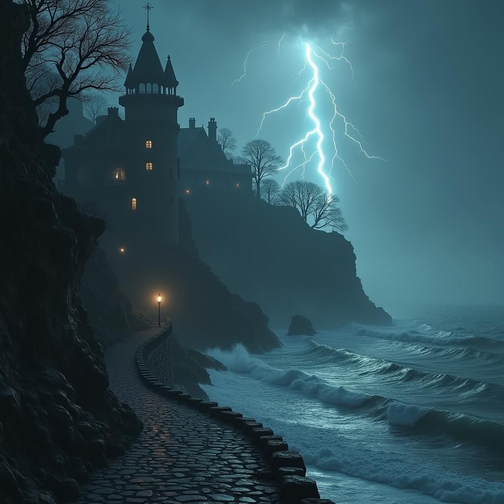 Frankenstein Puppy in Cinematic Gothic Seascape