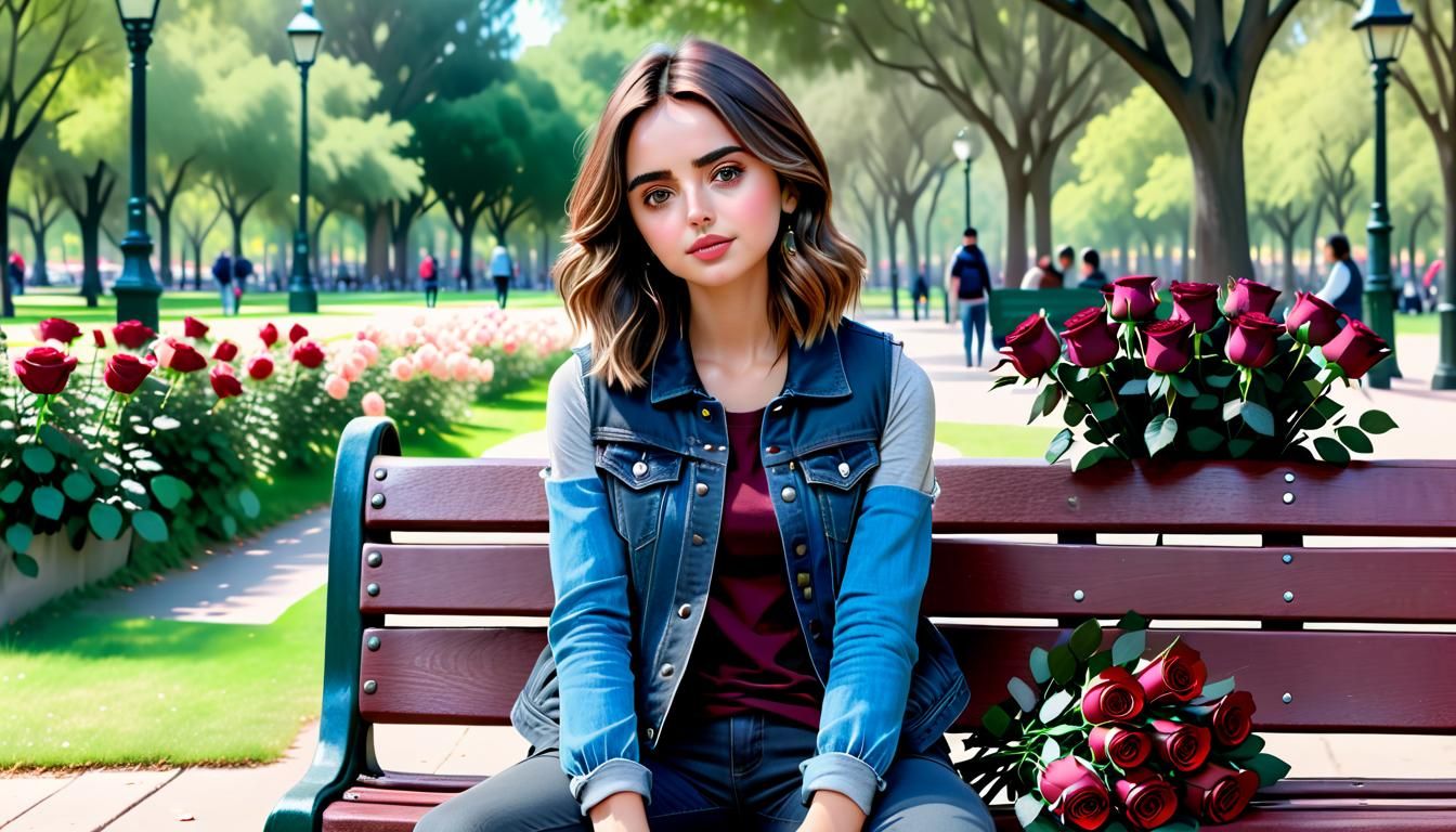 Woman with Roses on Park Bench, 32k Resolution