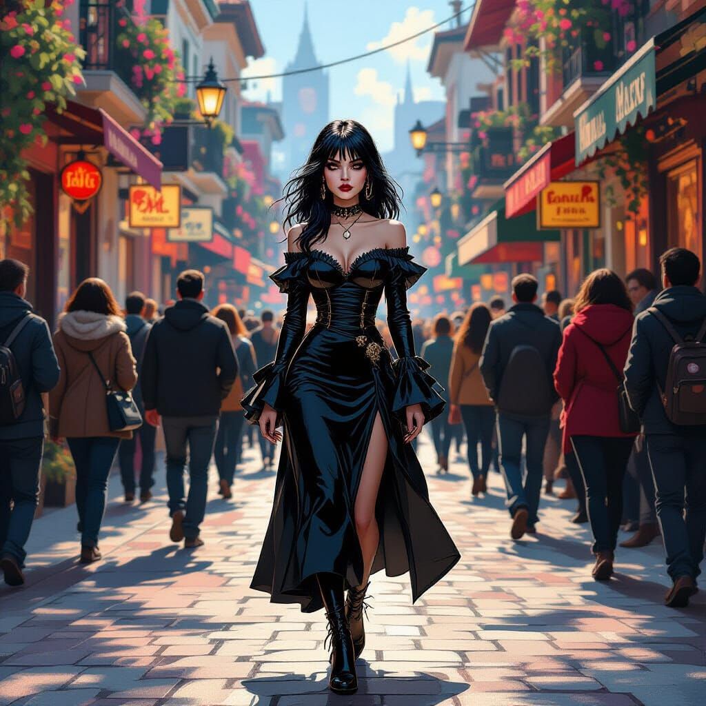 Goth Girl Contrasts Vibrant Street in Comic Style