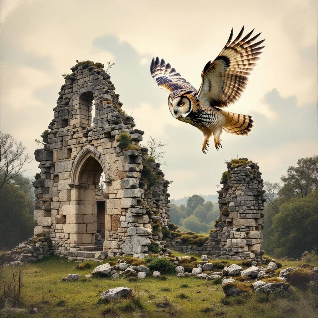 Ancient Ruin Superimposed with Majestic Owl in Flight