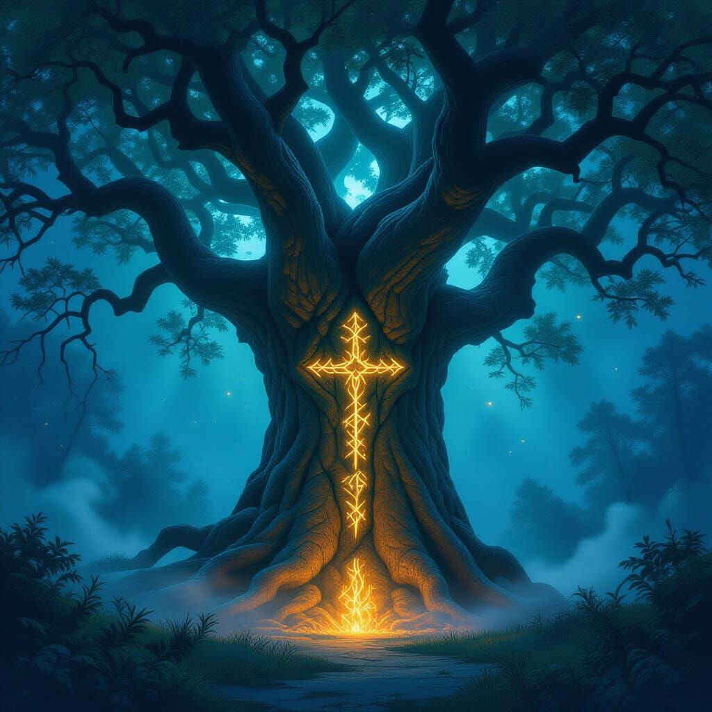 Ancient Tree with Glowing Runes in Ethereal Moonlight Forest