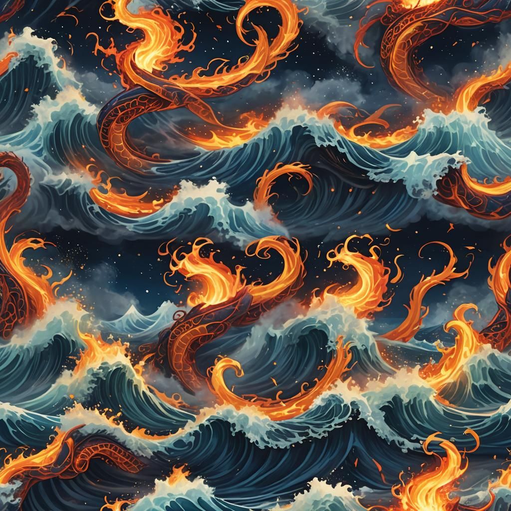 Ethereal Flames Duel Turbulent Ocean in Surreal Dreamscape