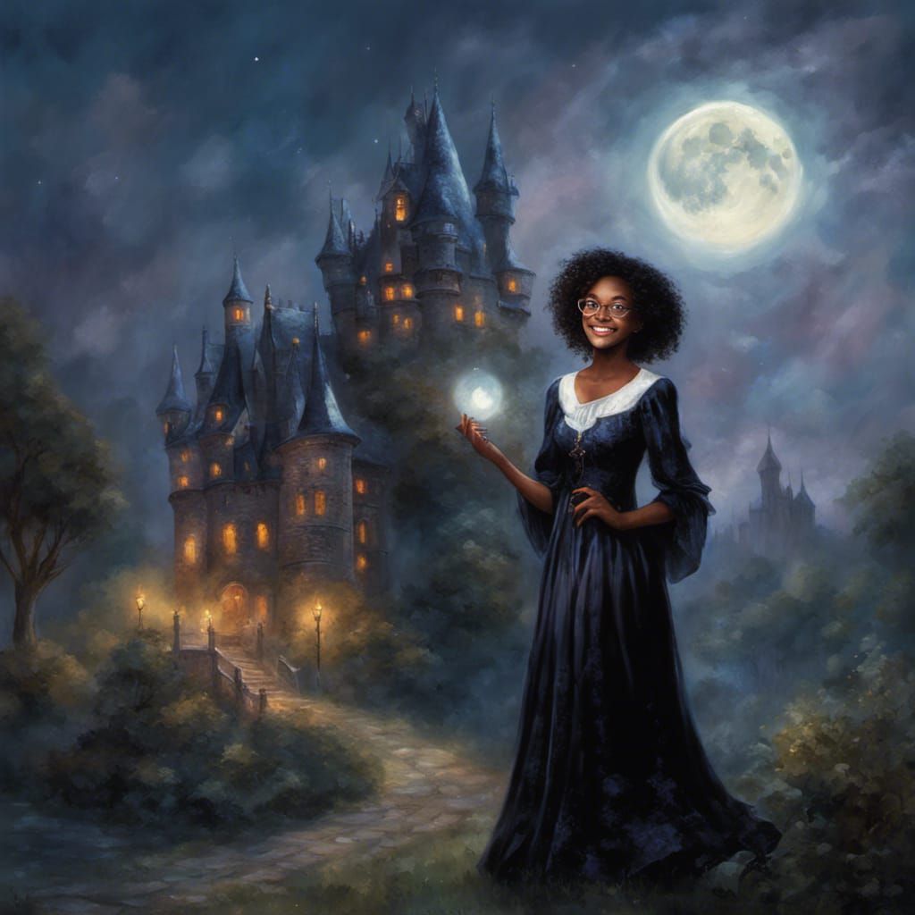 Smiling Teenage Witch in Moonlight, Ethereal Fantasy