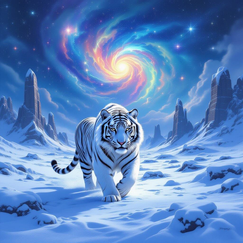 White Tiger Roaming Snowy Tundra Under Cosmic Sky