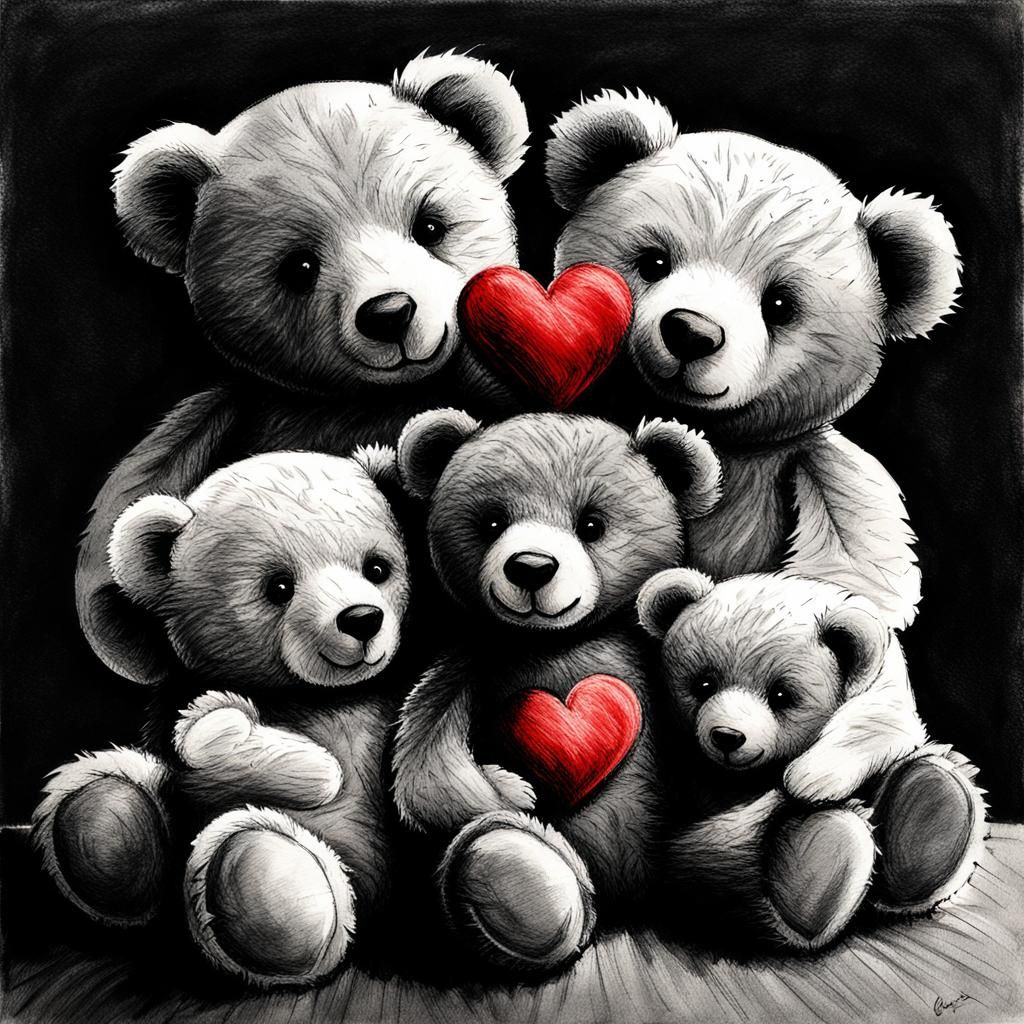 Heartwarming Teddy Bears Charcoal Drawing