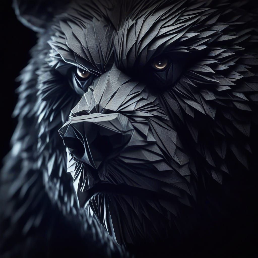 Origami Kodiak Bear Portrait in Dark Academic Style