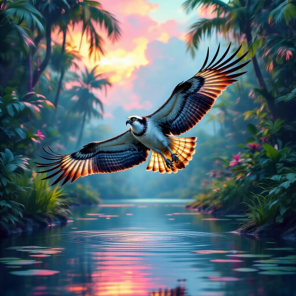 Osprey Soaring Over Subtropical Pond in Mixed-Media Style