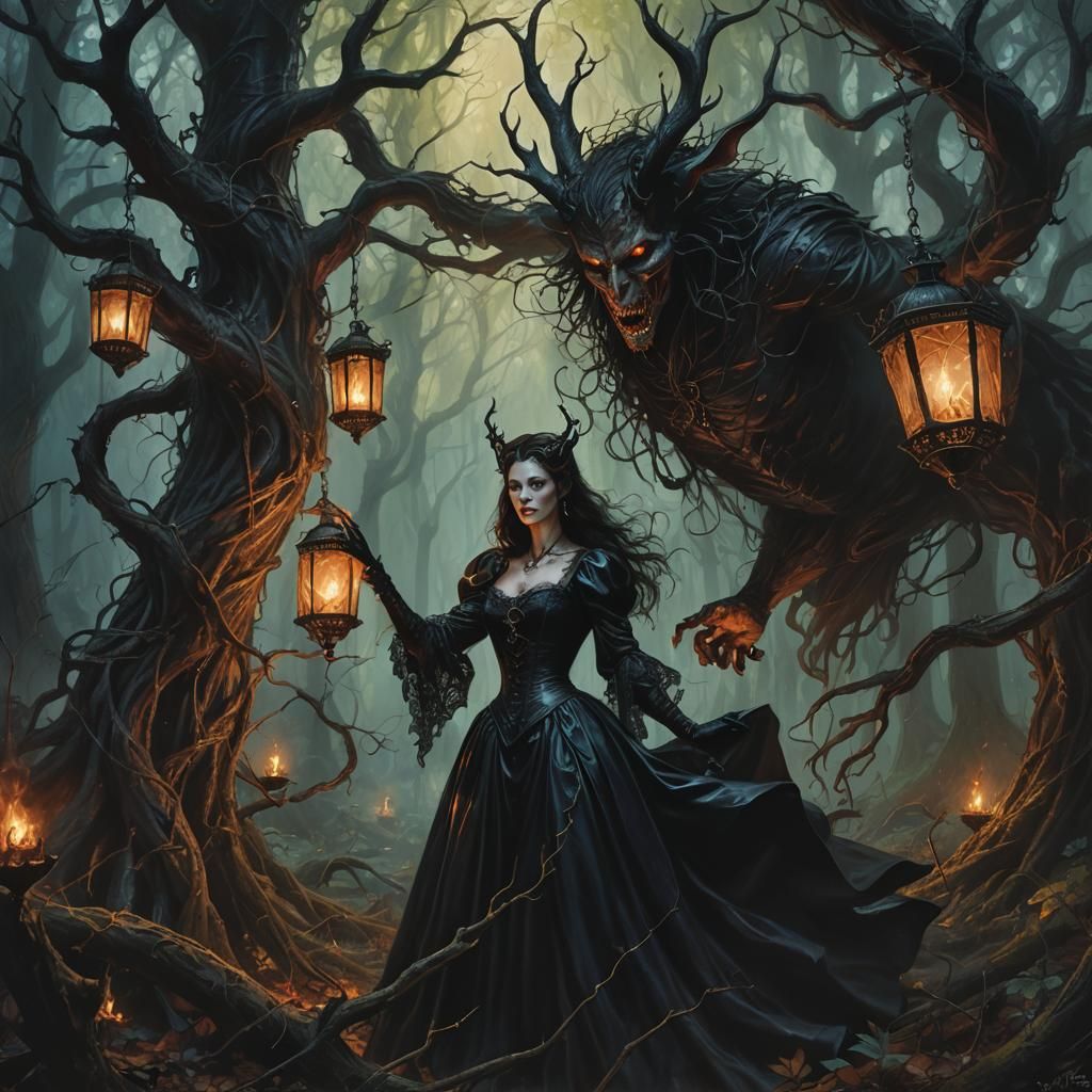 Witch Enchanted by Devil in Mystical Forest