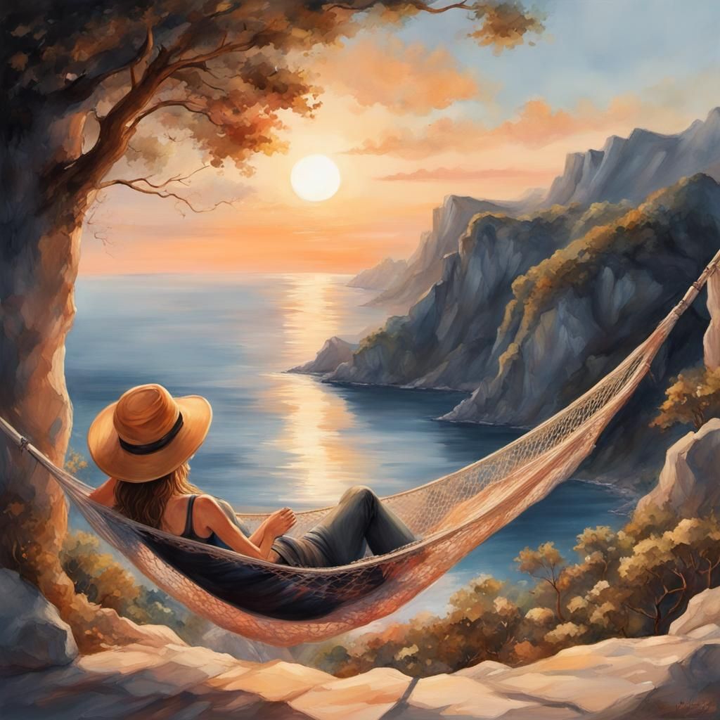 Sunset Hammock Overlooking Ocean: Watercolour Art
