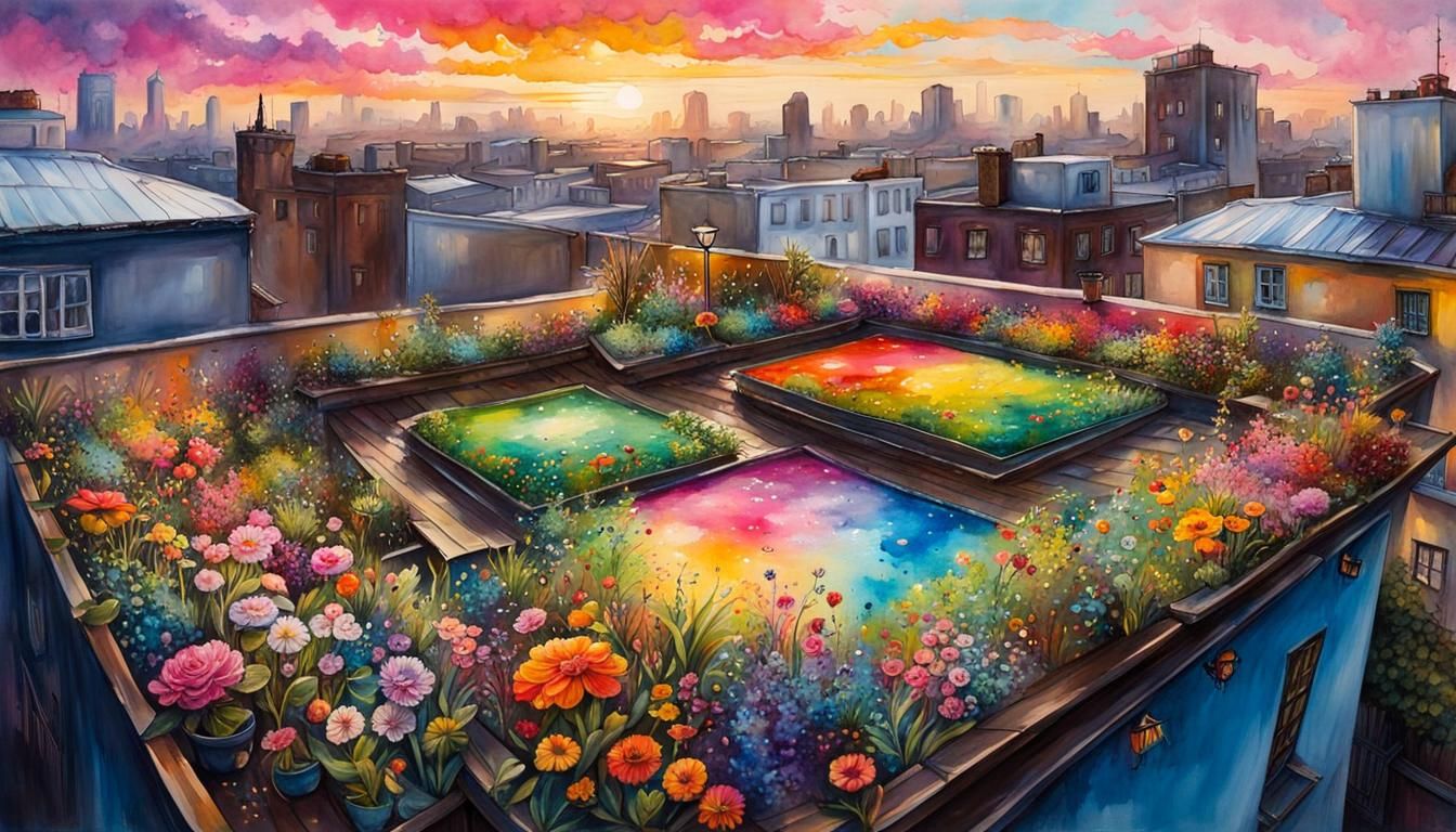 Rooftop Garden Watercolor Painting with Graffiti Art