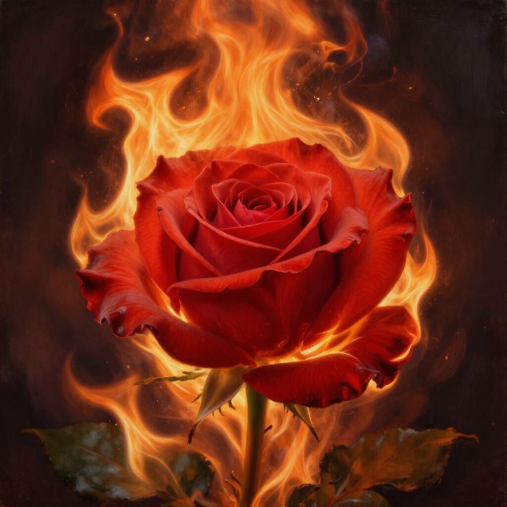 Crimson Rose Engulfed in Ethereal Flames