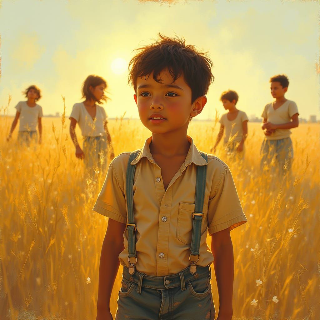 Boy Gazing at Horizon in Golden Hour Oil Painting