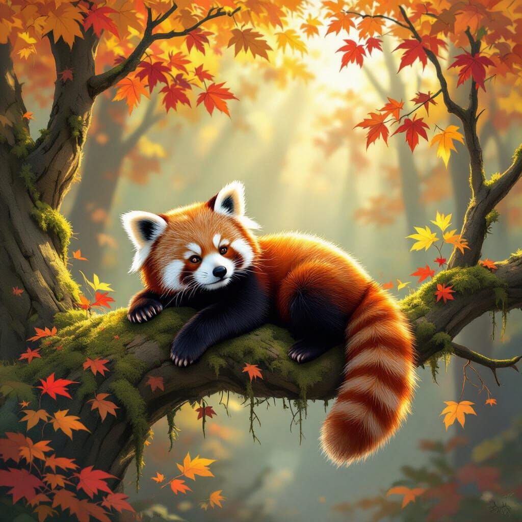Red Panda in Autumn Forest, Sunlight Dappled