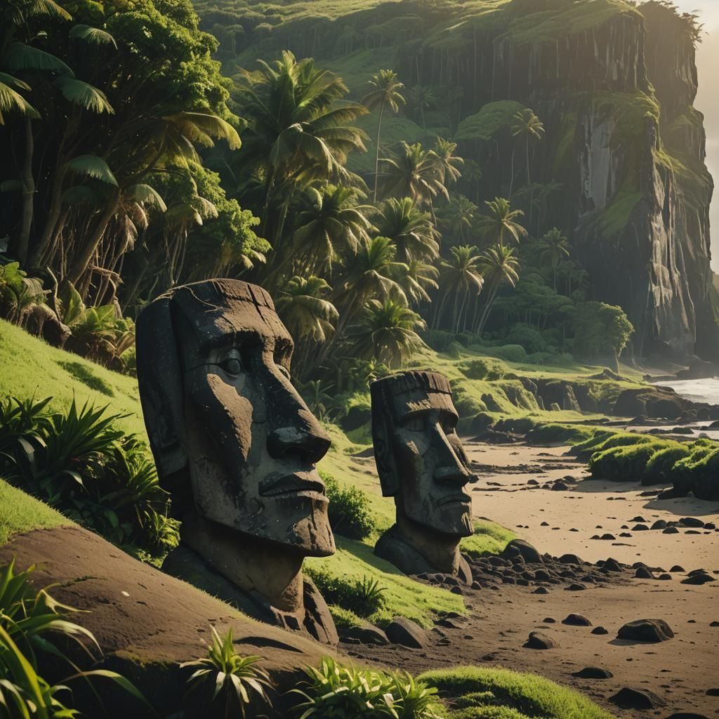 Mysterious Easter Island Heads at Sunset