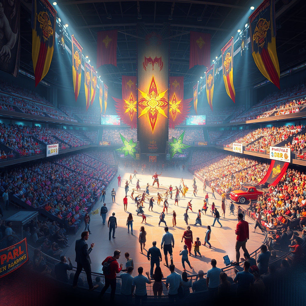 A bustling hockey arena filled with colorful players and liv...