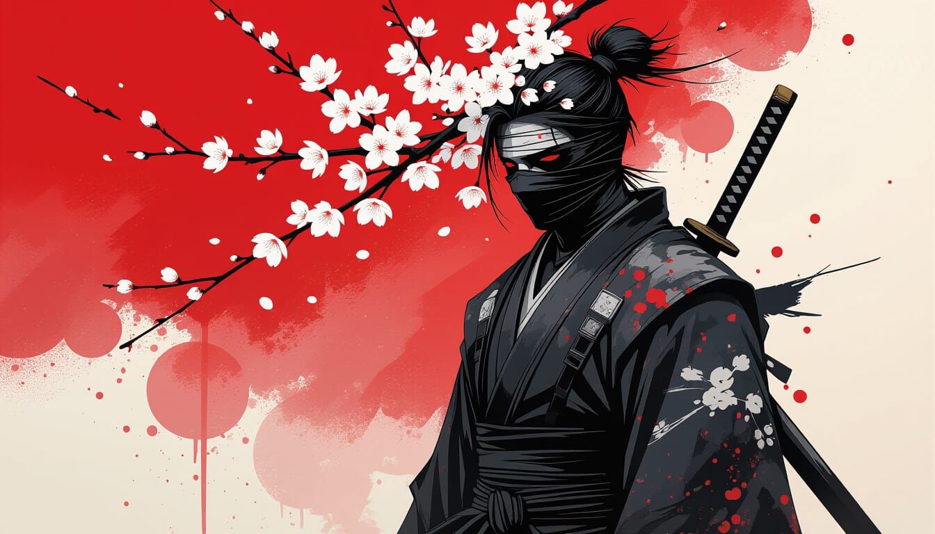 Warrior with Cherry Blossoms in Sumi-e Style
