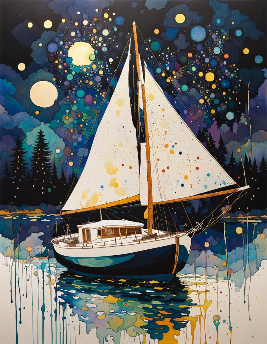 White Sailboat at Night with Ink Splatter Art