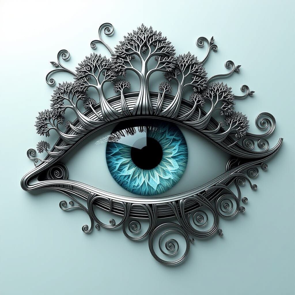 Intricate Wire Eye Sculpture with Trees and Vines