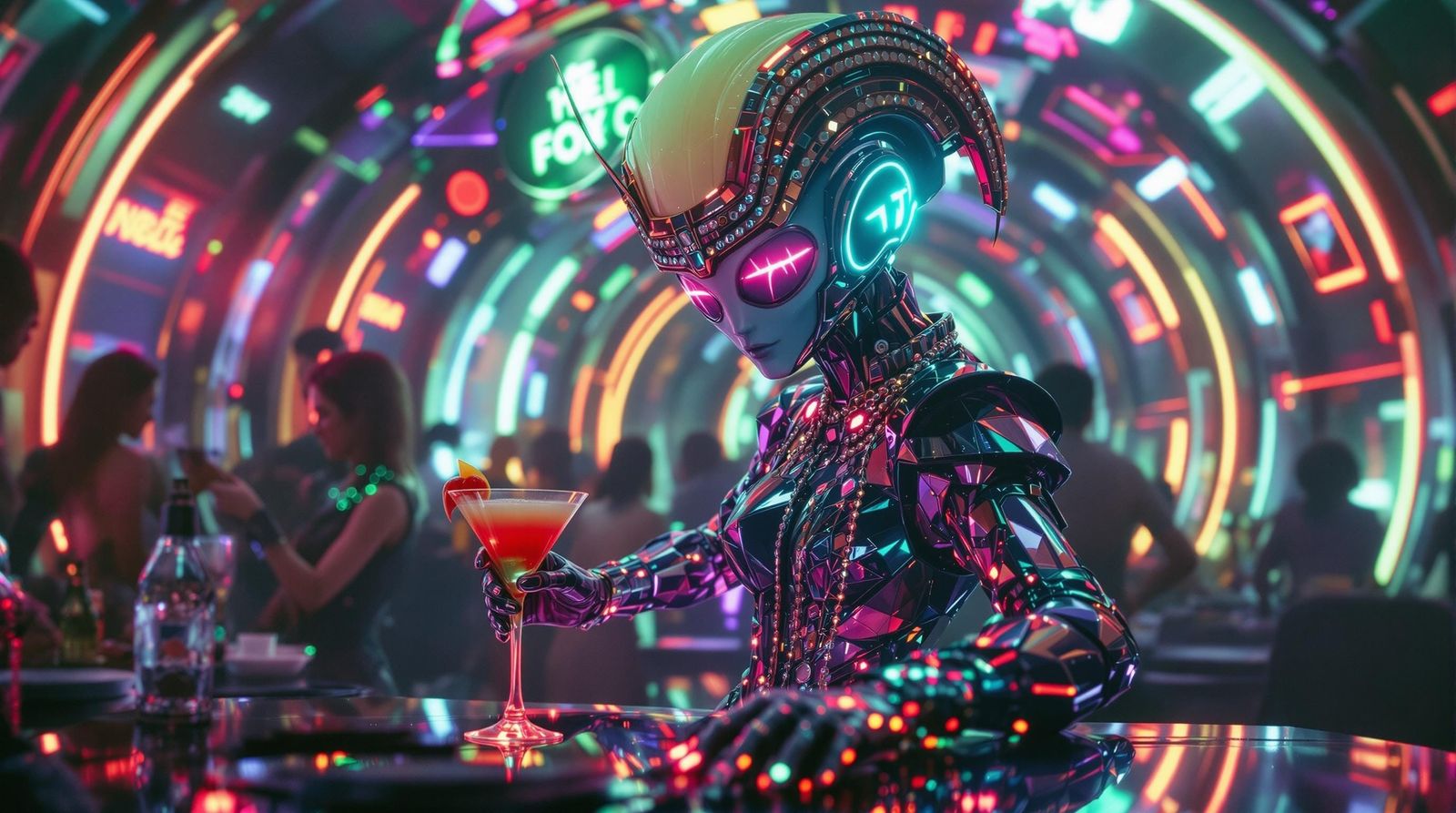 Utopian Disco Party with Glamorous Alien Dancer in Futuristi...
