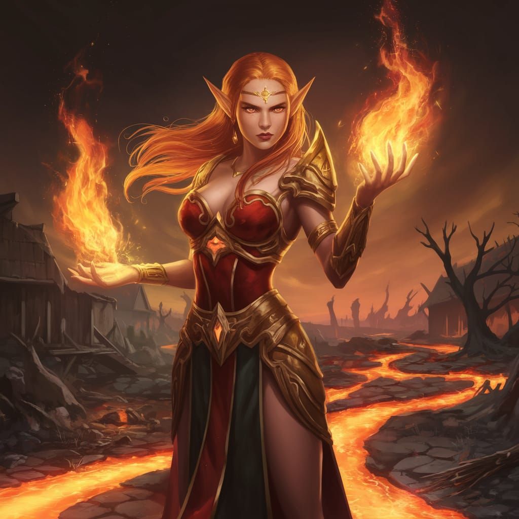 Ethereal Elven Wizardess Channels Fiery Arcane Energy