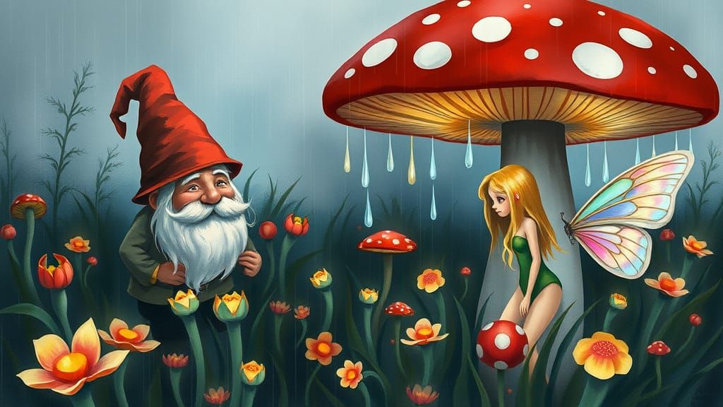 Whimsical Gnome Tends Rare Flowers in Autumn Meadow