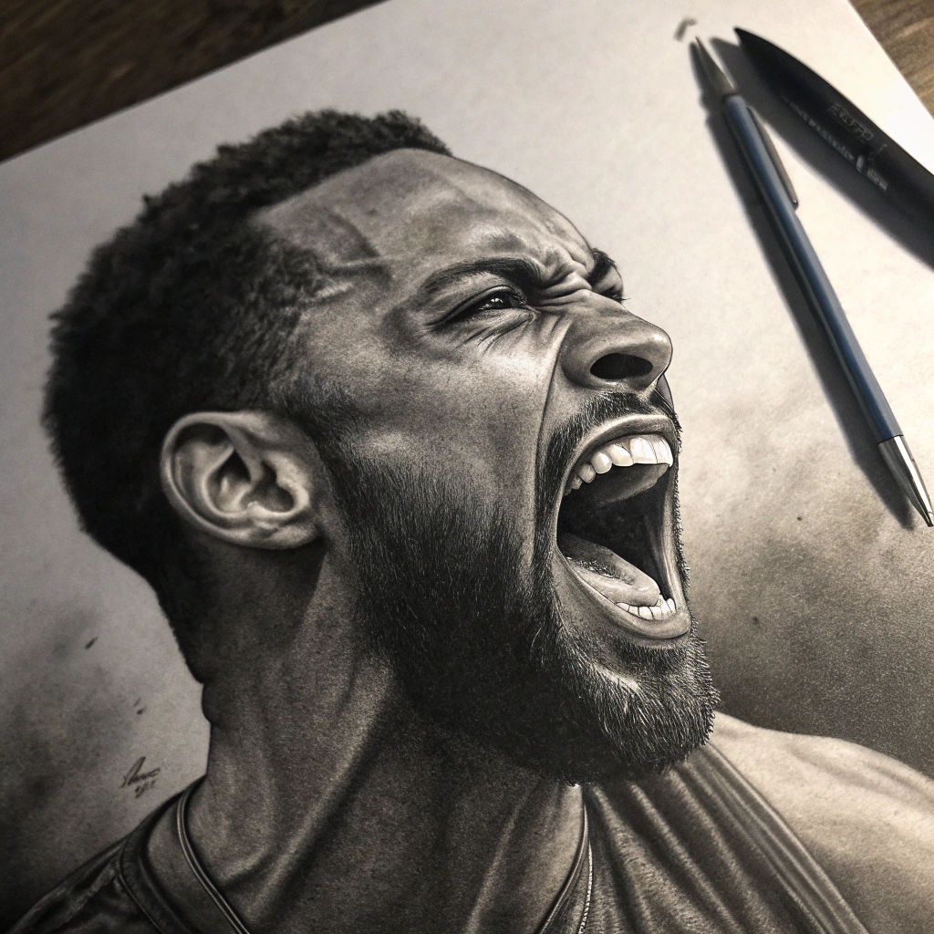 Man Screaming: Detailed Charcoal Drawing