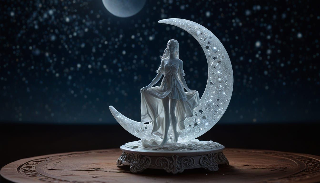 Luminescent Moonstone Girl Sculpture Under Starry Sky