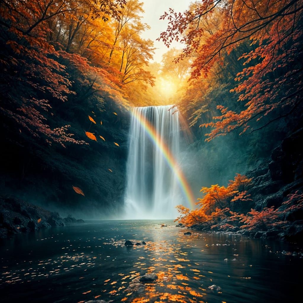 Vibrant Autumn Waterfall with Faint Rainbow