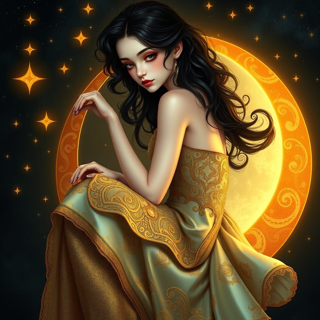 Gothic Girl on Crescent Moon, Delicate, Whimsical Portrait