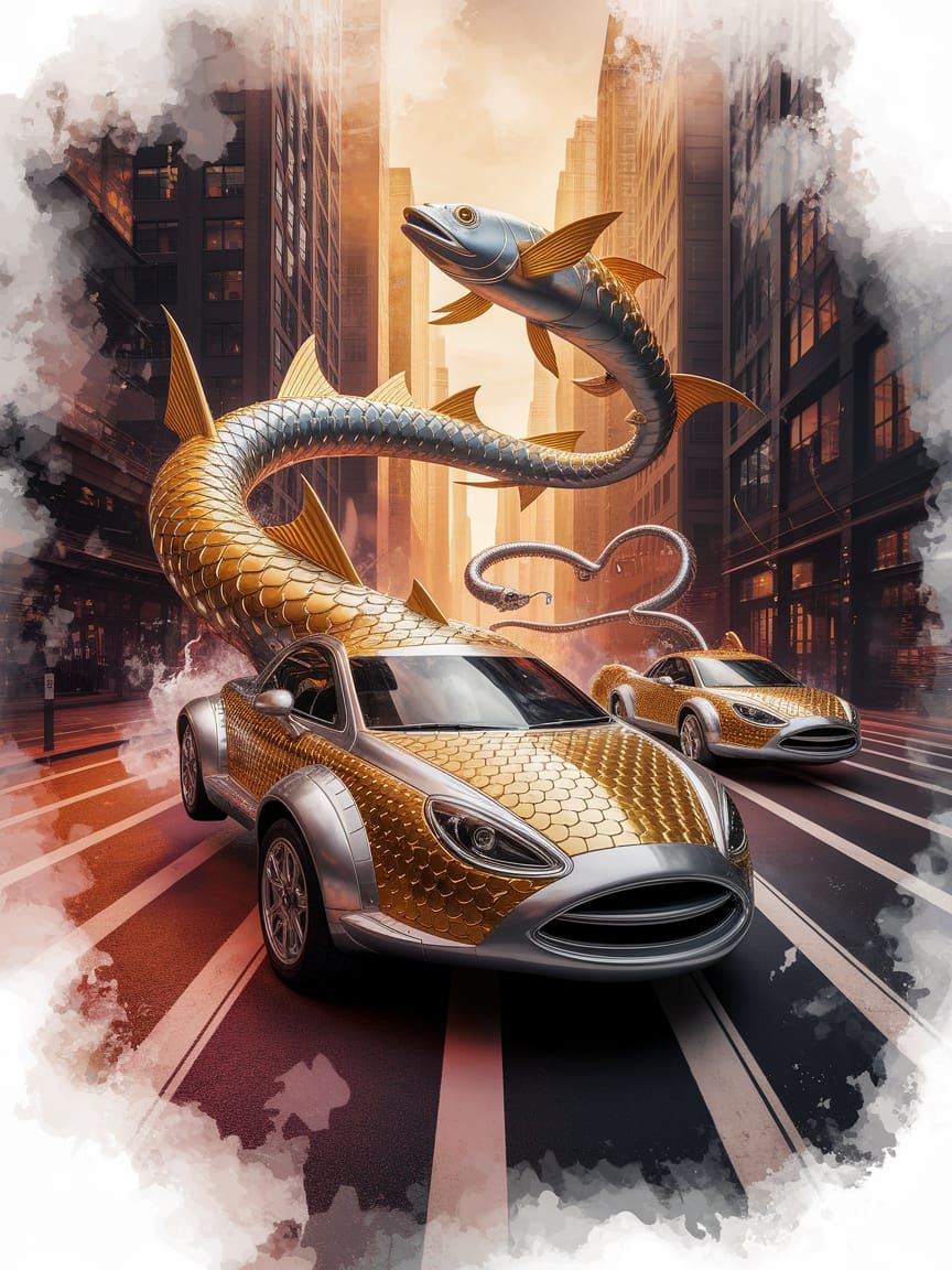 Surreal Cityscape with Fish-Shaped Cars in Watercolor Sfumat...