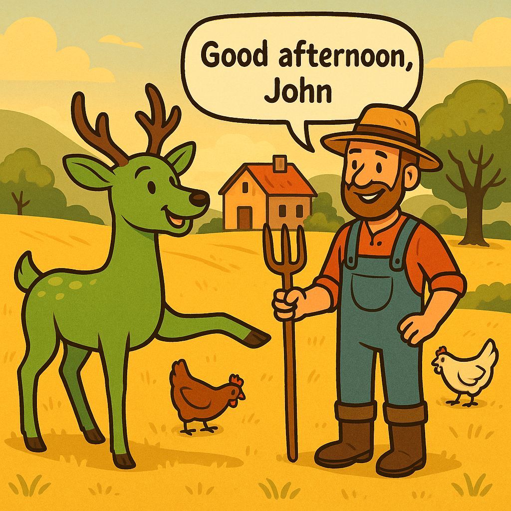 Friendly Green Deer Greets Farmer in Sunny Field