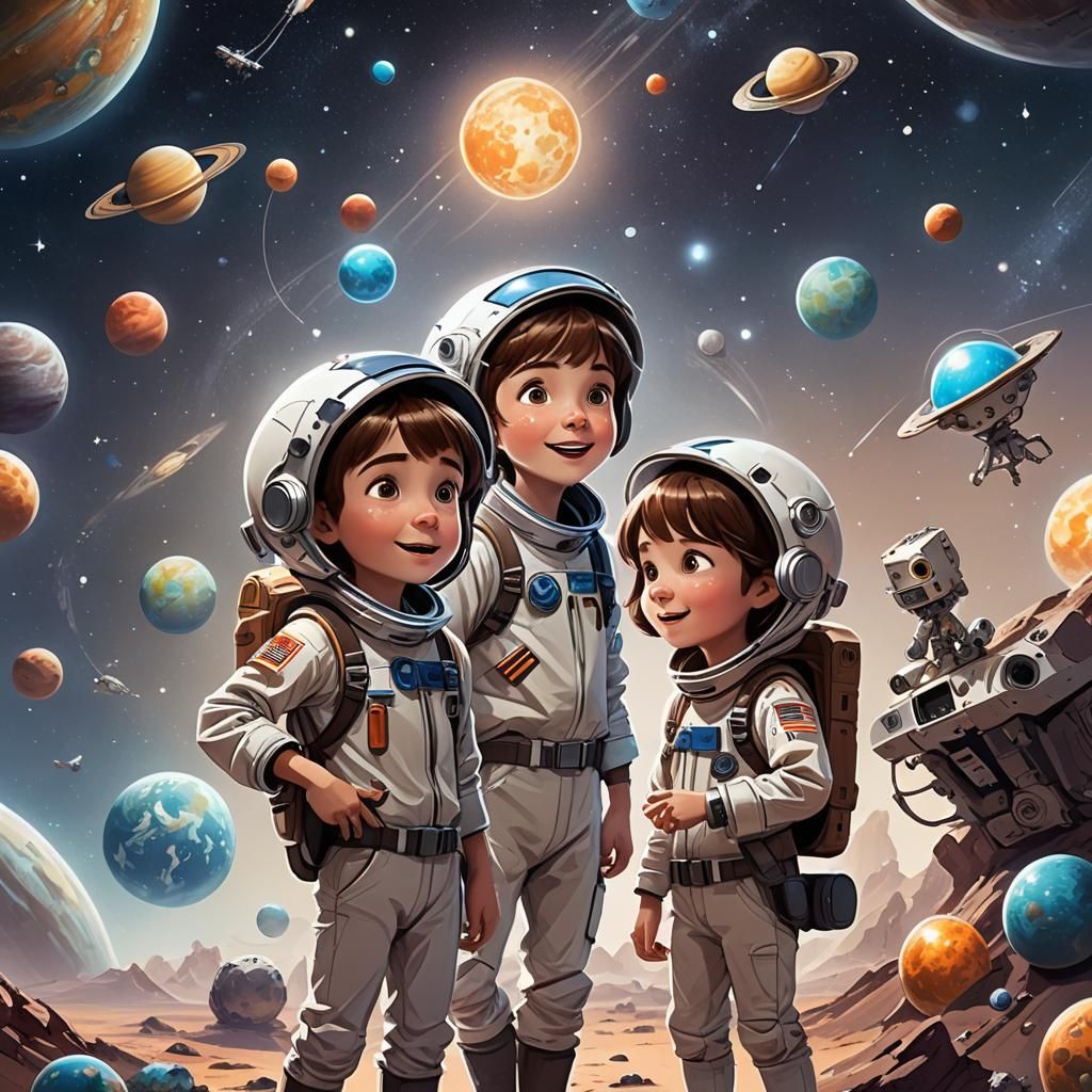 Space Adventure: Three Friends Explore the Stars